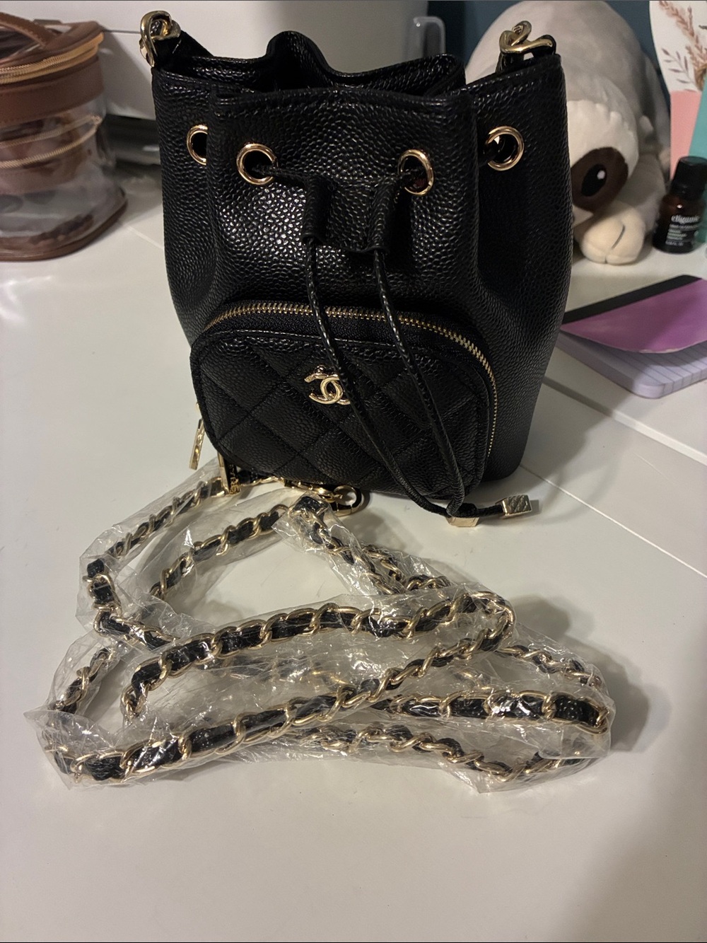 Black Quilted Bucket Bag with Gold Hardware - Designer Style